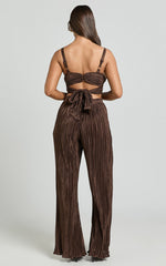 Gabby Two Piece Set - V Neck Twist Front Plisse Crop Top and High Waisted Plisse Relaxed Pants in Chocolate