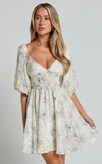 Geeniva Mini Dress - V Neck Tie Back Puff Sleeve Babydoll Dress in Cream Stencil Floral
