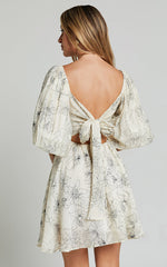 Geeniva Mini Dress - V Neck Tie Back Puff Sleeve Babydoll Dress in Cream Stencil Floral