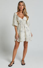 Geeniva Mini Dress - V Neck Tie Back Puff Sleeve Babydoll Dress in Cream Stencil Floral