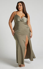 Gemalyn Midi Dress - Twist Front Thigh Split Dress in Olive