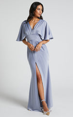 Gemalyn Maxi Dress - Angel Sleeve V Neck Split Dress in Sky Blue