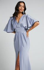 Gemalyn Maxi Dress - Angel Sleeve V Neck Split Dress in Sky Blue