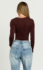 Genie Bodysuit - Long Sleeve Asymmetric Neckline Bodysuit in Chocolate