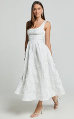 Georgine Midi Dress - Square Neck Fit and Flare Jacquard Dress in Ivory