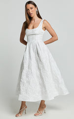 Georgine Midi Dress - Square Neck Fit and Flare Jacquard Dress in Ivory