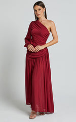 Grittah Maxi Dress - One Shoulder Bishop Sleeve High Split Ruched Dress in Wine