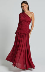 Grittah Maxi Dress - One Shoulder Bishop Sleeve High Split Ruched Dress in Wine