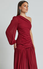 Grittah Maxi Dress - One Shoulder Bishop Sleeve High Split Ruched Dress in Wine