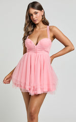 Gwen Mini Dress - Sweetheart Neck Cross Tie Back Shift Dress in Pink
