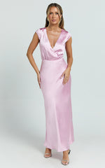 Hailey Midi Dress - Cap Sleeve V Neck Dress in Pink