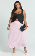 Harlee Midi Skirt - Pleated High Waist A Line Skirt in Baby Pink