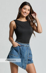 Harleigh Skort - Pocket Detail Wrap Denim Skort in Dark Blue Wash