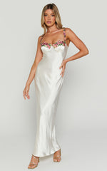 Harmony Maxi Dress - Floral Detail Cup Bust Satin Dress in White
