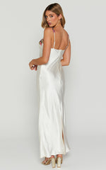 Harmony Maxi Dress - Floral Detail Cup Bust Satin Dress in White