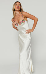 Harmony Maxi Dress - Floral Detail Cup Bust Satin Dress in White