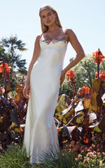 Harmony Maxi Dress - Floral Detail Cup Bust Satin Dress in White