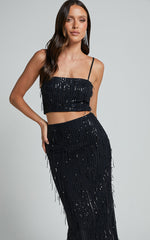 Harue Midi Skirt - High Waisted Tassel Sequin Slip Skirt in Black