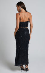 Harue Midi Skirt - High Waisted Tassel Sequin Slip Skirt in Black