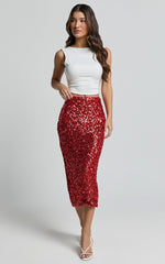 Hasley Midi Skirt - Sequin Bodycon Skirt in Red