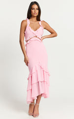 Hattie Midi Dress - Ruffle Detail V Neck Dress in Pink