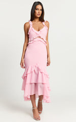 Hattie Midi Dress - Ruffle Detail V Neck Dress in Pink