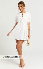 Hattie Mini Dress - Tie Front Puff Sleeve Dress in White