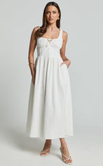 Haylee Midi Dress - Corset Waist Gathered Bust Dress in Ivory