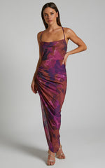 Hermae Midi Linen Blend Dress - Ruched Side Split Tie Back Slip Dress in Blurred Dreams