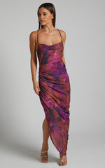Hermae Midi Linen Blend Dress - Ruched Side Split Tie Back Slip Dress in Blurred Dreams