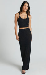 Irina Two Piece Set - Glitter Knit Cami Top and Midi Skirt in Black