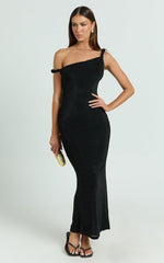 Isabel Midi Dress - Twist Off Shoulder Bodycon Dress in Black