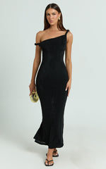 Isabel Midi Dress - Twist Off Shoulder Bodycon Dress in Black