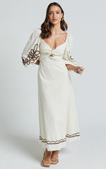 Isadora Midi Linen Blend Dress - Cut Out Long Sleeve Contrast Embroidery Dress in Natural