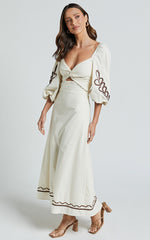 Isadora Midi Linen Blend Dress - Cut Out Long Sleeve Contrast Embroidery Dress in Natural