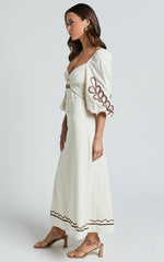 Isadora Midi Linen Blend Dress - Cut Out Long Sleeve Contrast Embroidery Dress in Natural
