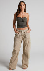 Jelena Top - Jersey Strapless Twist Front Top in Dark Olive