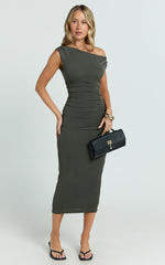 Jiean Midi Dress - Short Sleeve Tipped Neckline Dress in Moss