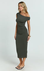 Jiean Midi Dress - Short Sleeve Tipped Neckline Dress in Moss