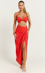 Jovi Two Piece Set - Linen Knot Detail Tie Back Top and Draped Skirt in Red Orange
