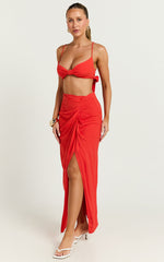 Jovi Two Piece Set - Linen Knot Detail Tie Back Top and Draped Skirt in Red Orange