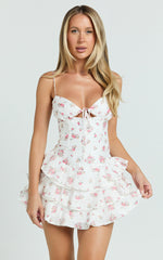 Justine Mini Dress - Strappy Tie Front Corset Waist Ruffle Hem Dress in Romantic Ditsy Print