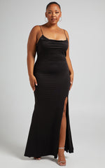 Tasteful Maxi Dress - Cowl Neck Bodycon Thigh Split Dress in Black