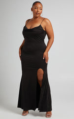 Tasteful Maxi Dress - Cowl Neck Bodycon Thigh Split Dress in Black