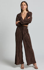 Kallie Pants - High Waist Drawstring Plisse Pants in Chocolate