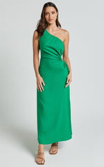 Kari Midi Linen Blend Dress - One Shoulder Slip Dress in Green