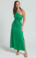 Kari Midi Linen Blend Dress - One Shoulder Slip Dress in Green