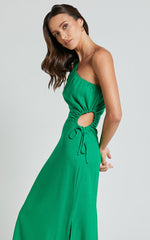 Kari Midi Linen Blend Dress - One Shoulder Slip Dress in Green