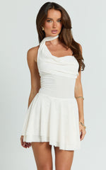 Karla Mini Dress - Asymmetric Tie Neck Fit And Flare Dress in Cream