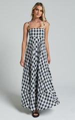 Katrien Maxi Dress - Strappy Empire Waist Flare Dress in Black and White Check